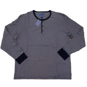NWT - Lucky Brand Men's Navy and Cream Striped Henley Tee - SIZE XXL